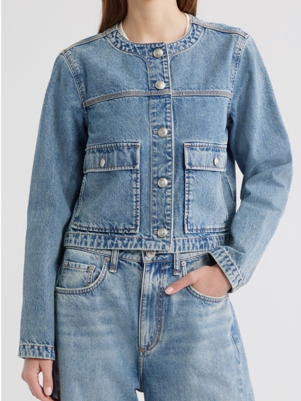 rag & bone Drew Light Blue Denim Jean Jacket cropped button front XL - Picture 1 of 9
